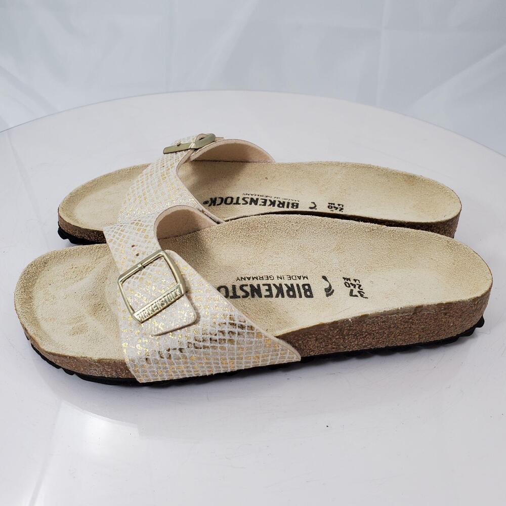 Birkenstock Madrid Sandals Women 6/37 Beige Gold Snake print Slide Cork Shoes